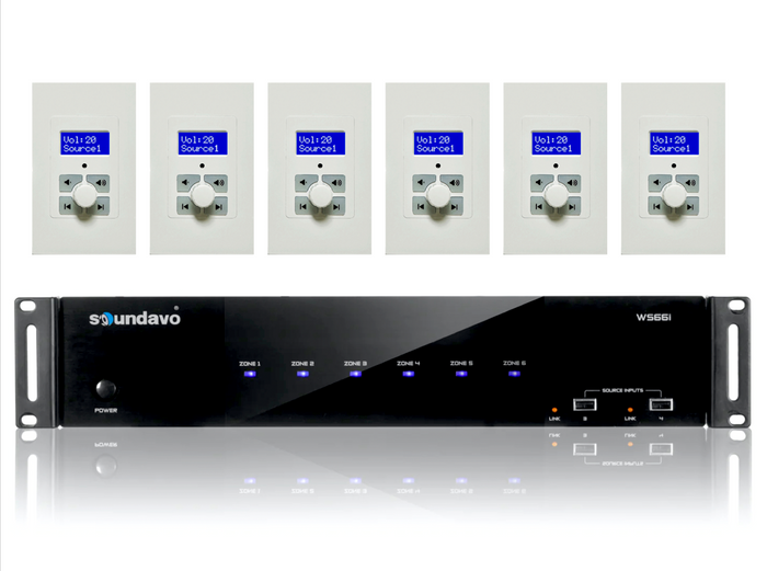 WS66i-KIT-LCD-WH Package+ 6 White LCD Keypads / Whole-Home Audio Distribution Network Controller Matrix with Streamer & App Control